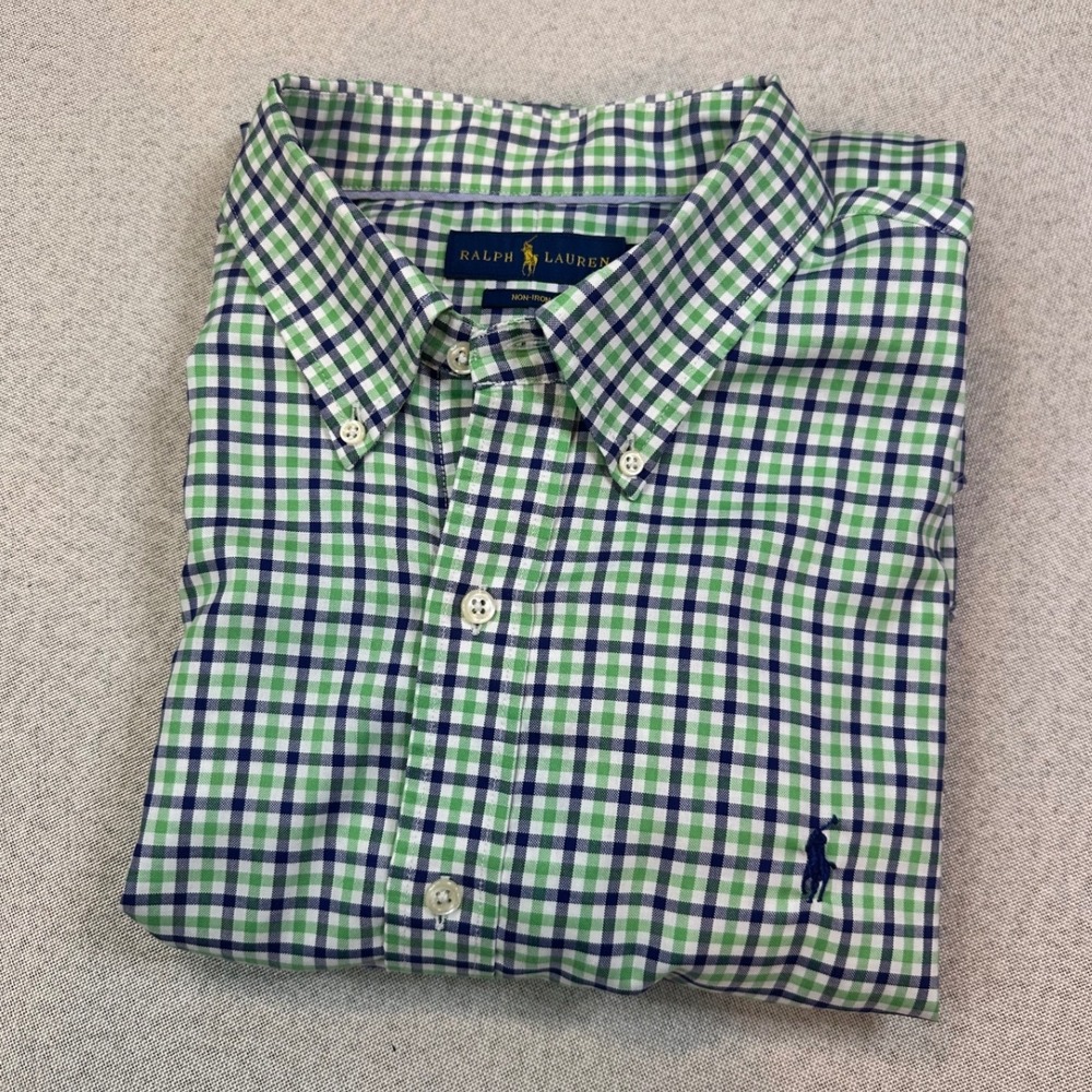 Ralph Lauren Button Down Shirt Mens XL Green Gingham Cotton Non-Iron Preppy
